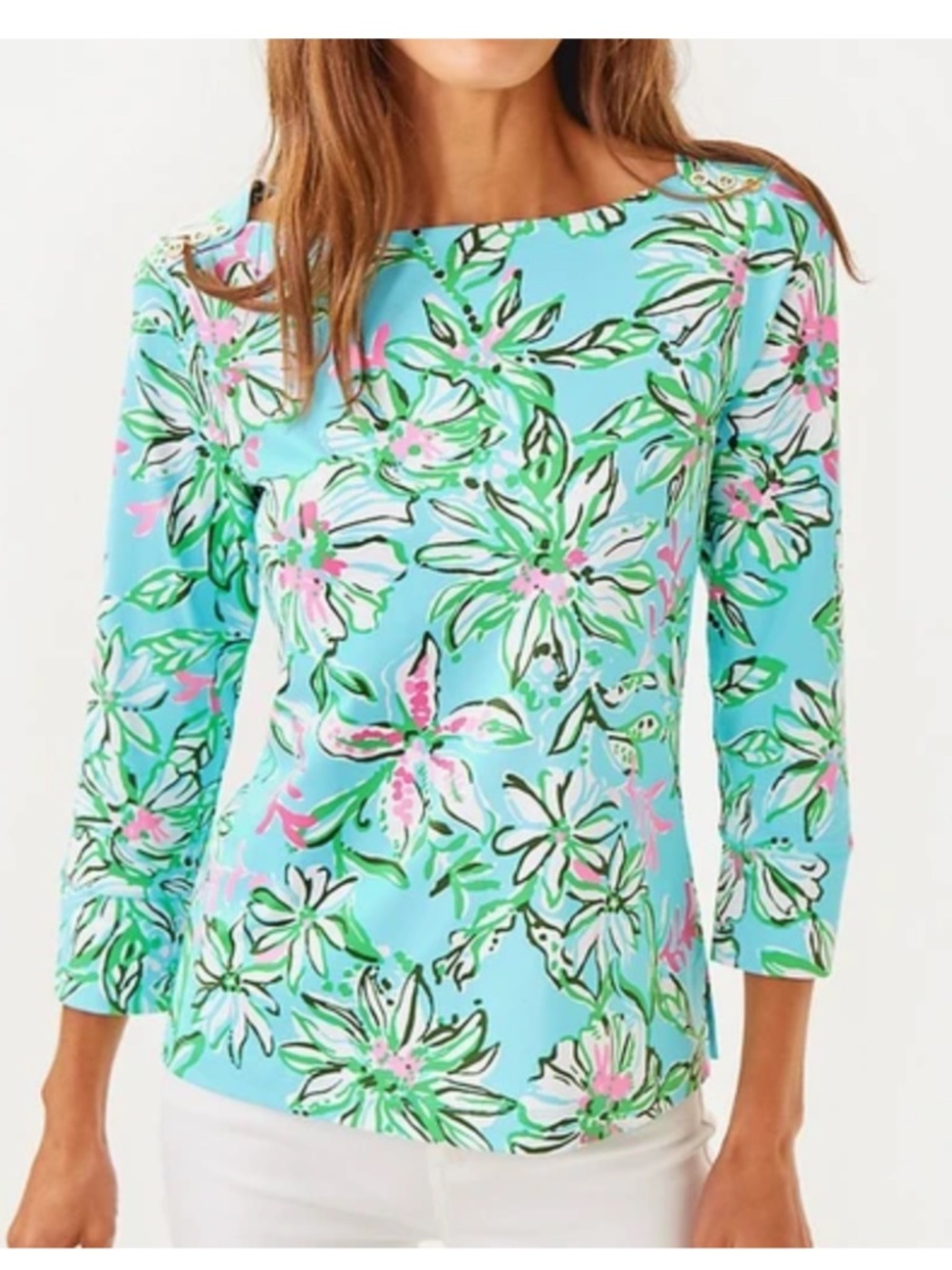 Lilly Pulitzer Callison UPF Top 3/4 Sleeve Blouse in Multi Sun Of A Bun NWOT